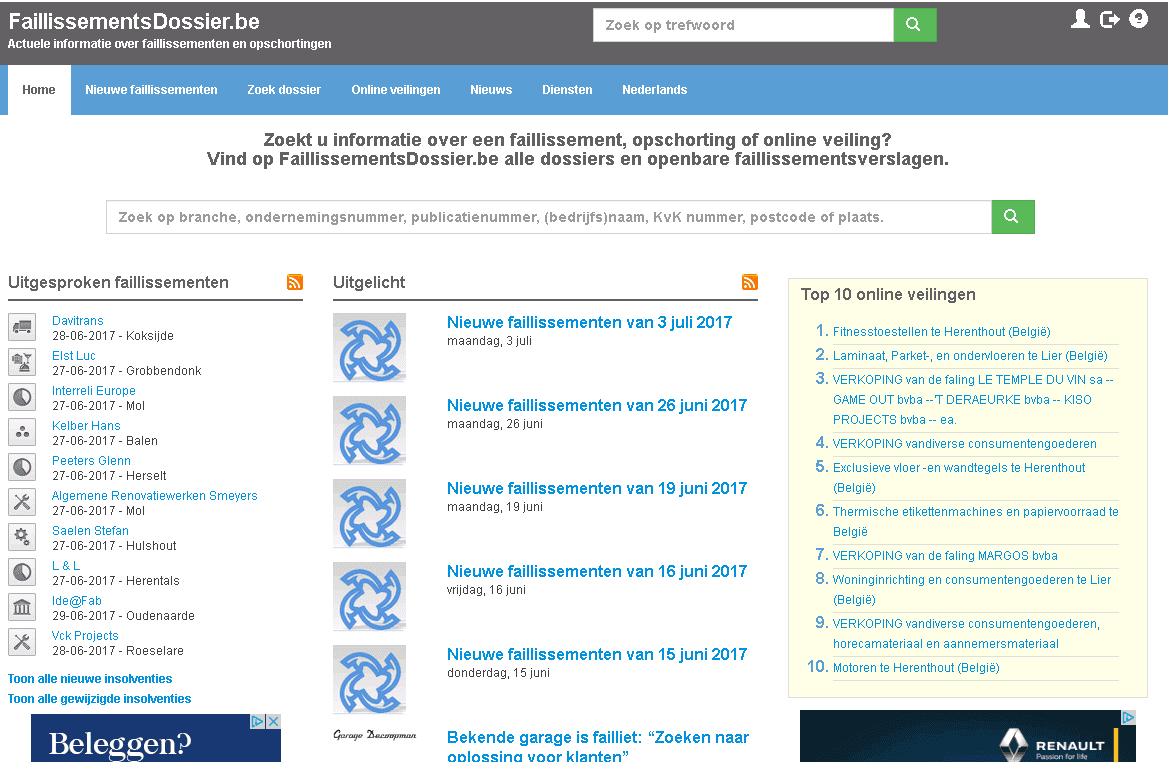 Screenshot van Faillissementsdossier België